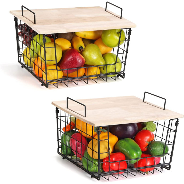 Gracie Oaks 2 Pack Kitchen Countertop Basket Organizer Produce Storage Basket With Wood Lid
